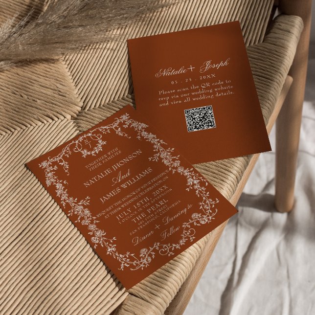 Invitation Code QR Botanique Orange Brûlé Floral Mariage (Créateur téléchargé)