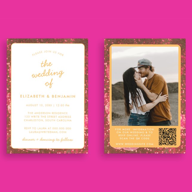Invitation Code QR Boule à Facettes Photo Rose Orange Mariage (Front and Back)