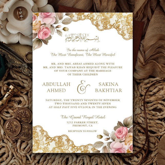 Invitation Code QR Broderie Dorée Fleur Rose Mariage Musulman (Créateur téléchargé)