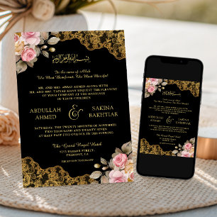 Invitation Code QR Broderie Florale Rose Or Mariage Musulman 