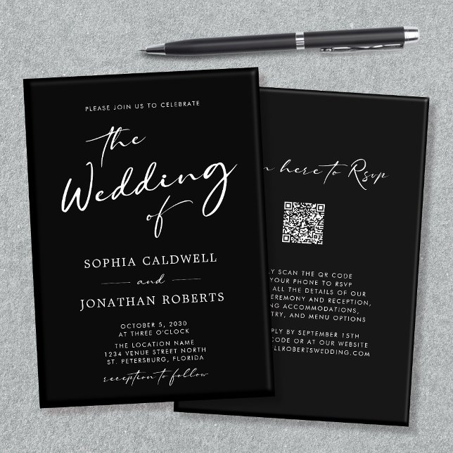 Invitation Code QR Calligraphie RSVP Mariage noir et blanc I (QR Code RSVP Modern Calligraphy Black and White Double Sided Wedding Invitation)