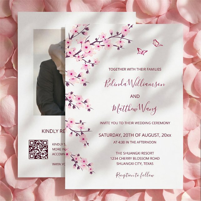 Invitation Code QR | Cerisiers en Fleurs  Mariage Rose Blanc (Créateur téléchargé)