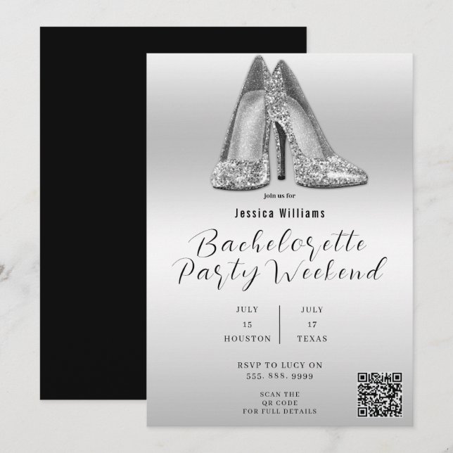 Invitation CODE QR Chaussures Paillettes Argent Enterrement d (Devant / Derrière)