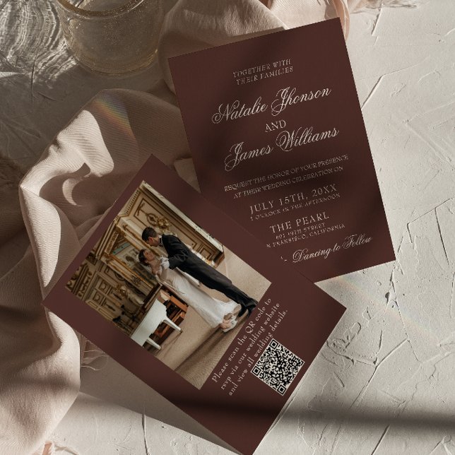 Invitation Code QR Chocolat Brun Vieille Fortune Photo Mariag (Créateur téléchargé)