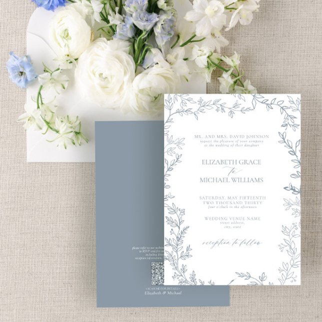 Invitation Code QR Classic Formal Dusty Blue Leafy Mariage (Créateur téléchargé)
