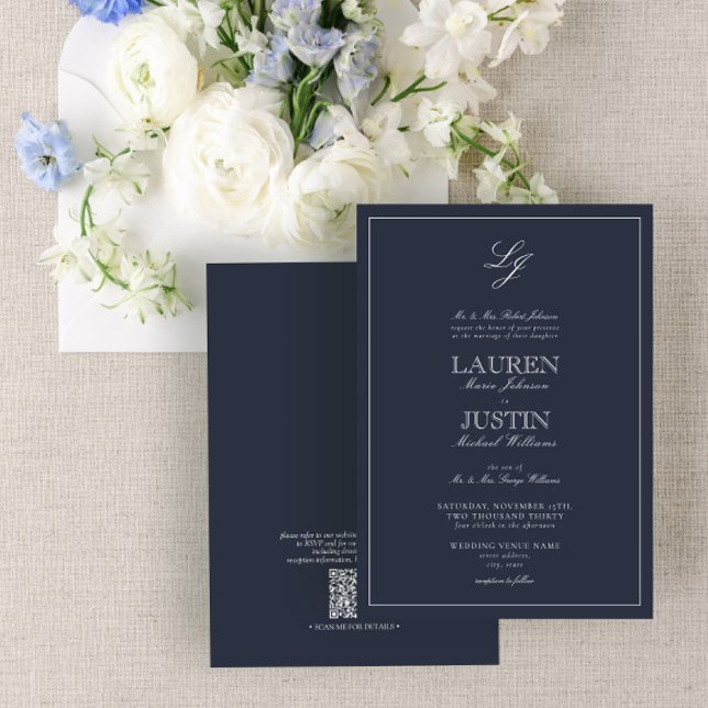 Invitation Code QR Classic Marine Bleu Script Monogramme Mari (Créateur téléchargé)