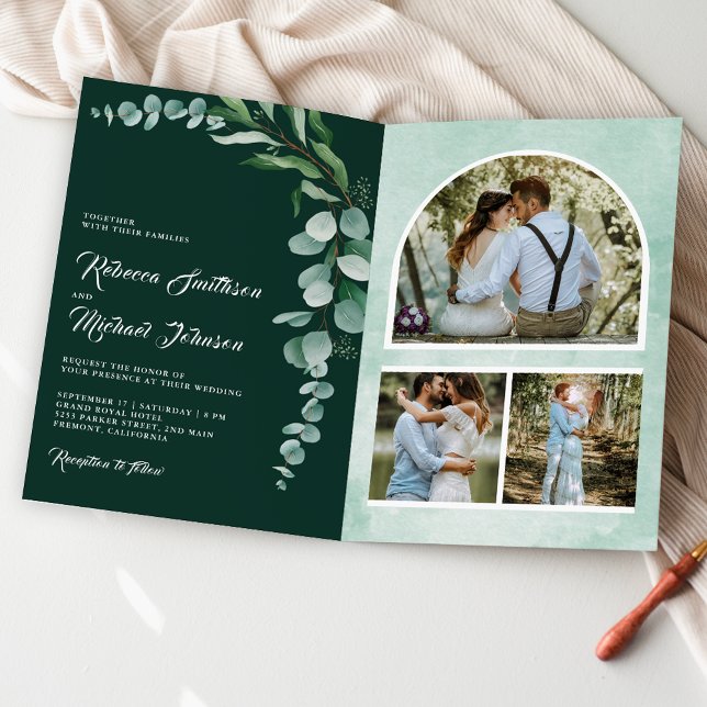 Invitation Code QR Collage Photo Eucalyptus Mariage Émeraude (Créateur téléchargé)
