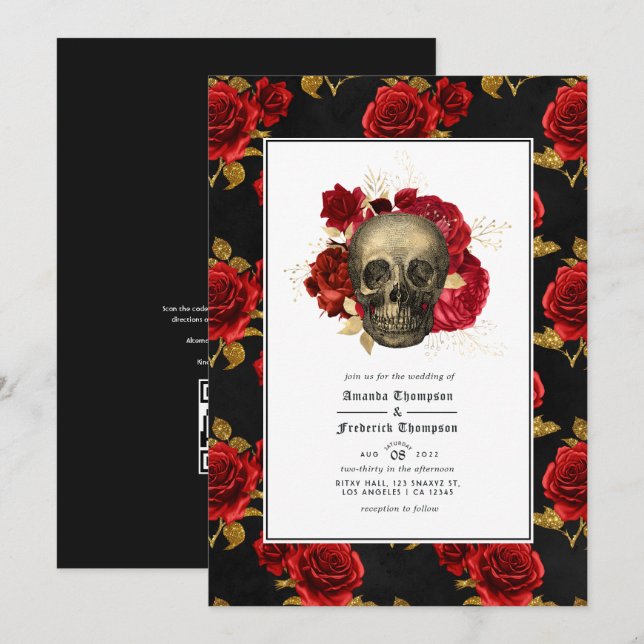 Invitation Code QR crâne floral RSVP mariage gothique (Devant / Derrière)