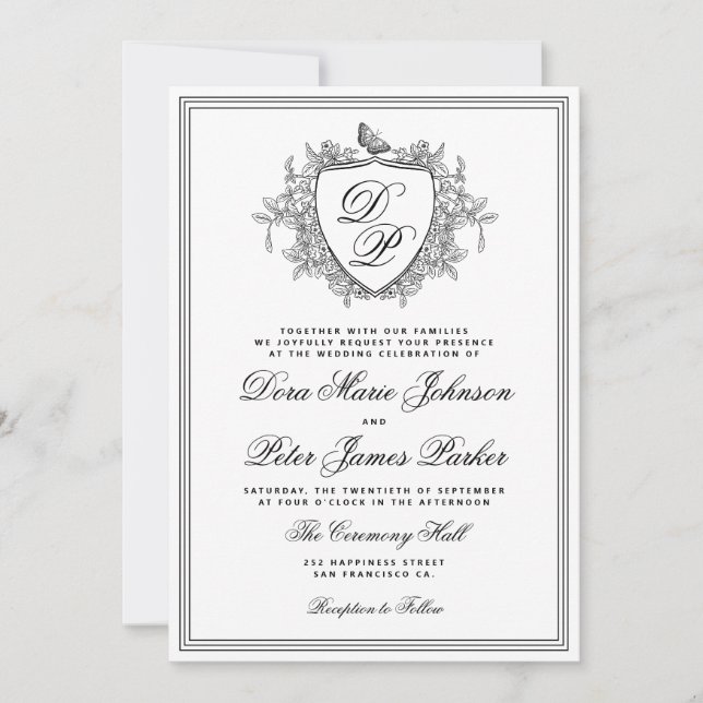Invitation Code QR crête monogramme classique noir blanc mari (Devant)