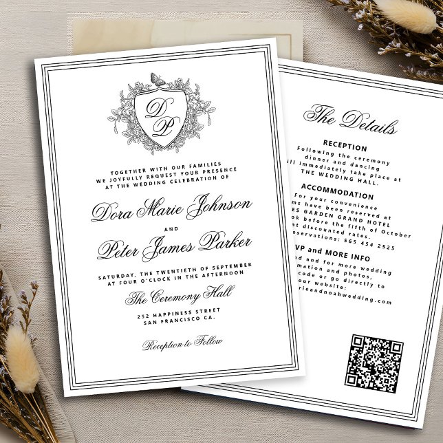 Invitation Code QR crête monogramme noir et blanc mariage (Créateur téléchargé)