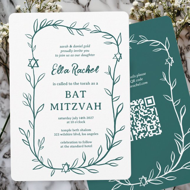 Invitation Code QR de Bat mitzvah à barres botaniques délicat (Delicate Botanical Bar Bat Mitzvah CUSTOM QR Code Invitation Green White Doodle Sketch Hand Drawn)