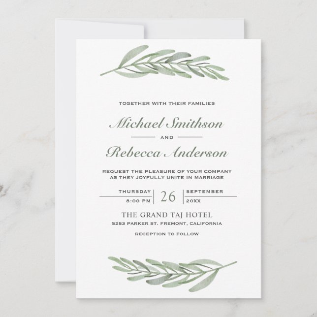 Invitation Code QR de branche de feuilles d'olive pour mariag (Devant)