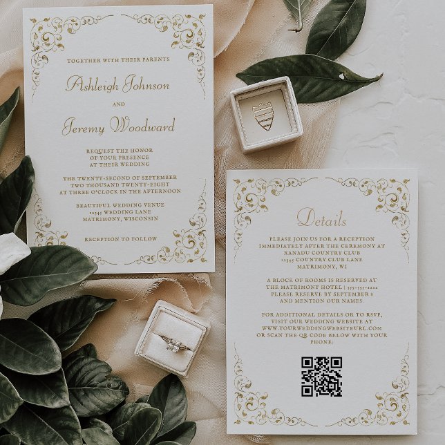 Invitation Code QR de cadre botanique de script doré (Créateur téléchargé)
