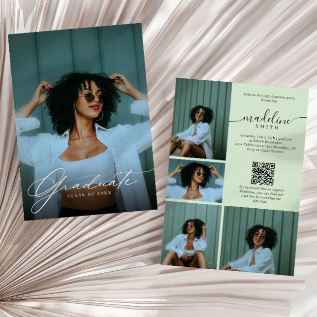 Invitation Code QR de collage photo Fête de fin d'études vert (Créateur téléchargé)