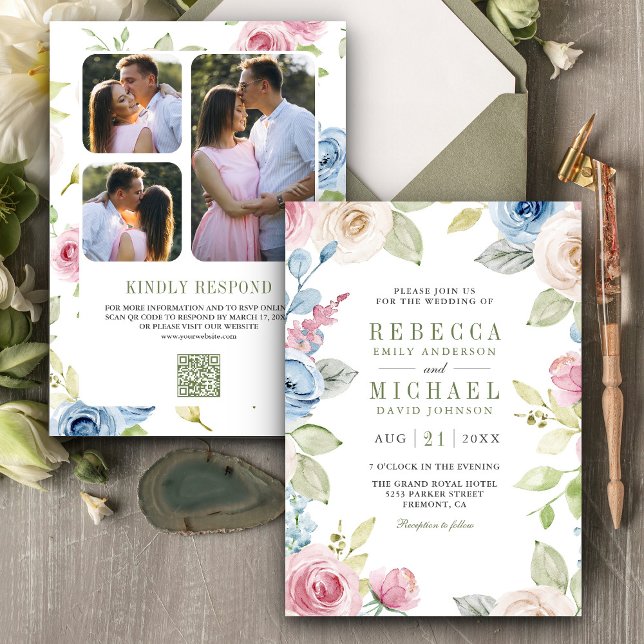 Invitation Code QR de Collage Photo Floral de Mariage de Prin (Créateur téléchargé)
