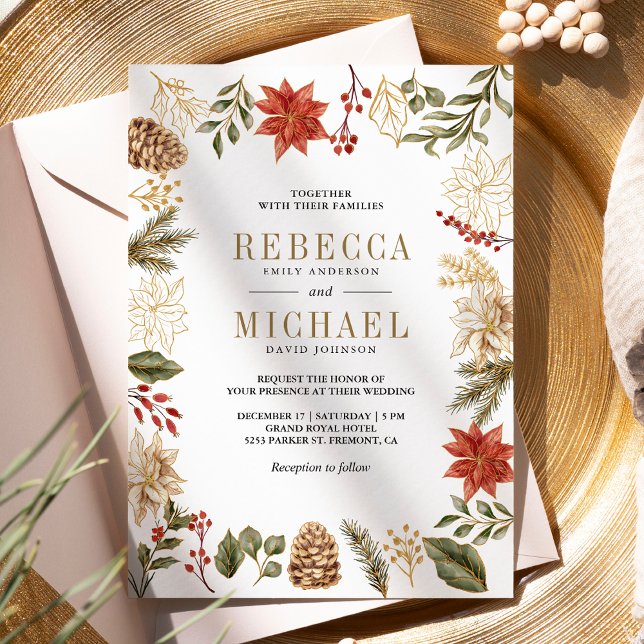 Invitation Code QR de fleurs de Noël en or rouge pour mariage (Créateur téléchargé)