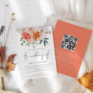 Invitation Code QR de Fleurs Pivoines Pêche Mariage