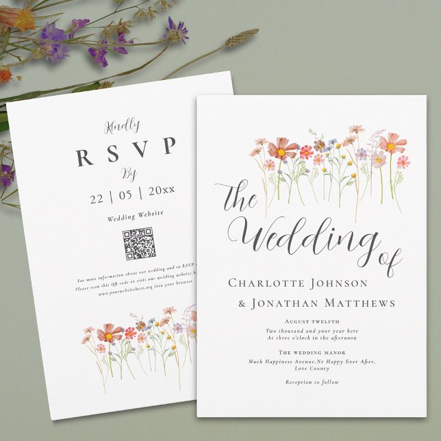 Invitation Code QR de fleurs sauvages bohèmes d'automne (Boho fall Wildflower floral Wedding qr code invitation Watercolor meadow flowers autumn colors)