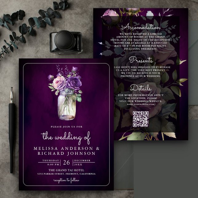 Invitation Code QR de jar Mason floral violet foncé pour mari (Créateur téléchargé)
