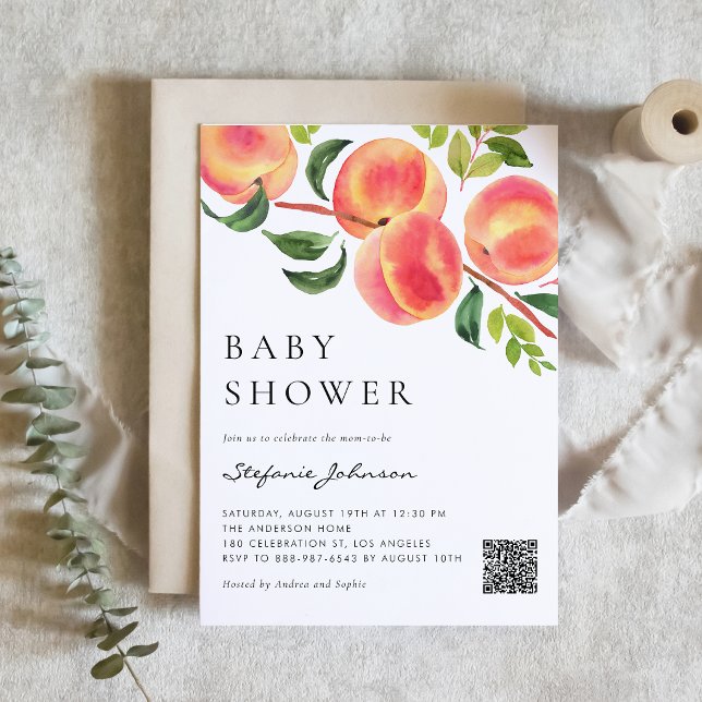 Invitation Code QR de la Baby Shower Botanique aux Pêches Aqu (Watercolor greenery and peach baby shower QR code invitation for a sweet summer celebration.)