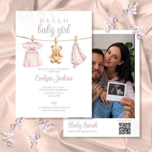 Invitation Code QR de la Baby Shower Fille Vêtements Corde à  (Pink Girl Clothesline Baby Shower Photo QR Code Invitation)