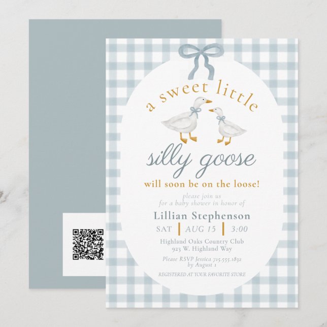 Invitation Code QR de la Baby Shower Silly Goose Blue Bow Gin (Devant / Derrière)