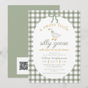 Invitation Code QR de la Baby Shower Silly Goose Green Gingha