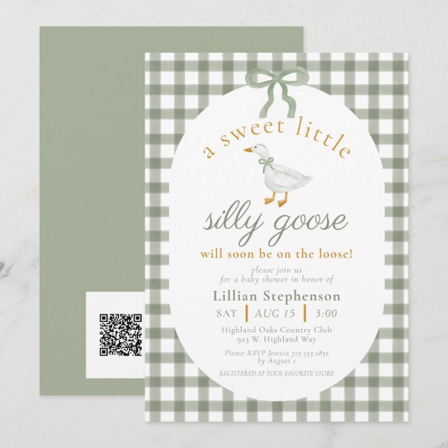 Invitation Code QR de la Baby Shower Silly Goose Green Gingha (Devant / Derrière)