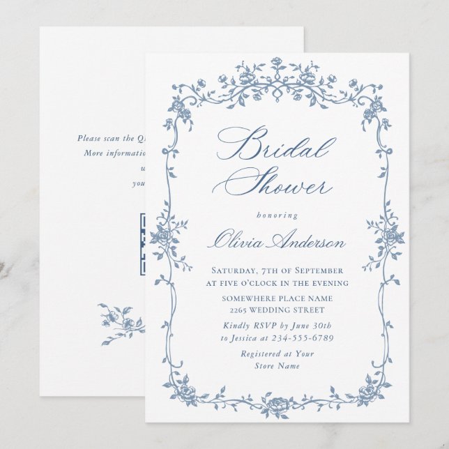 Invitation Code QR de la Fête des mariées Bleu Ornat Victoria (Devant / Derrière)