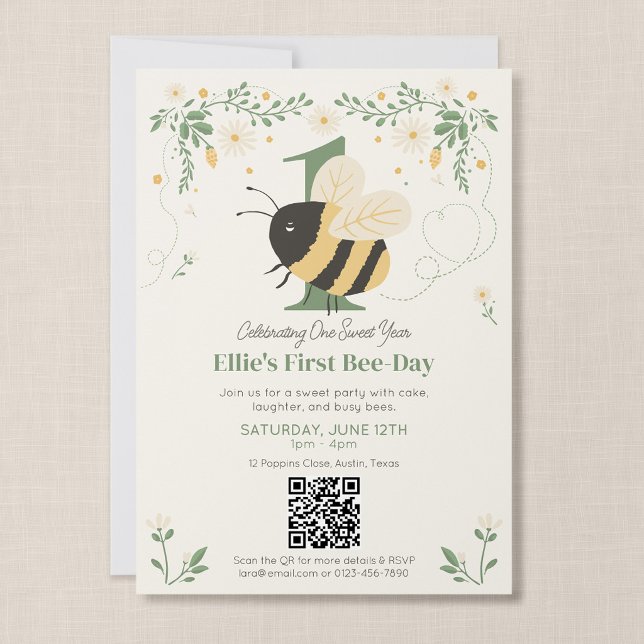 Invitation Code QR de la fête du premier anniversaire de Bumb (Wildflower Flight - First Bee Day Invitation with QR Code)