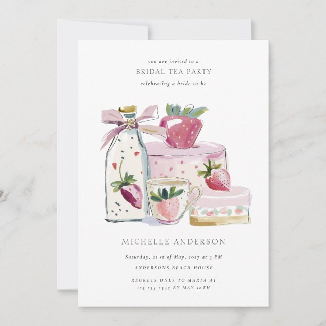 Invitation Code QR de la fête prénuptiale au thé Blush Strawb (Devant)