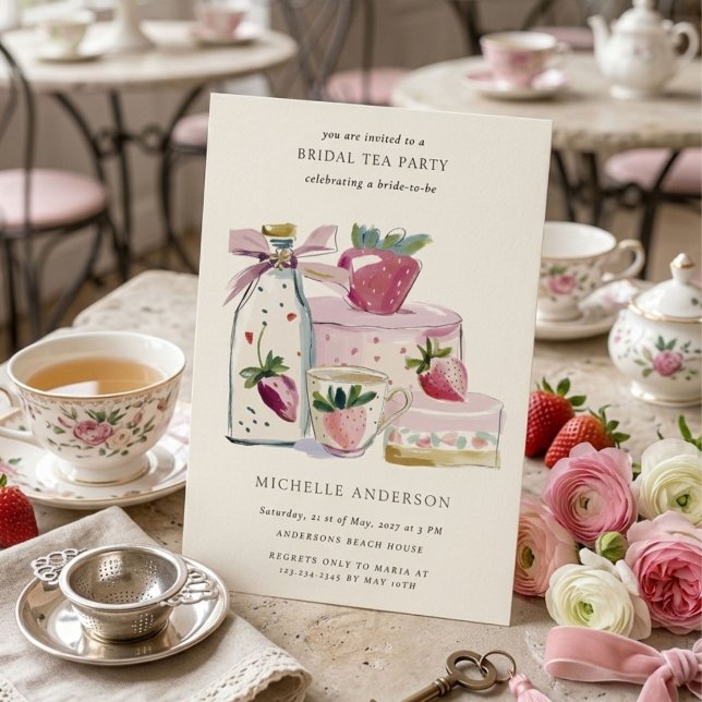 Invitation Code QR de la fête prénuptiale au thé Blush Strawb (Créateur téléchargé)