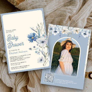 Invitation Code QR de la photo de bébé Fleur sauvage bleu pou