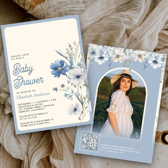 Invitation Code QR de la photo de bébé Fleur sauvage bleu pou (Créateur téléchargé)