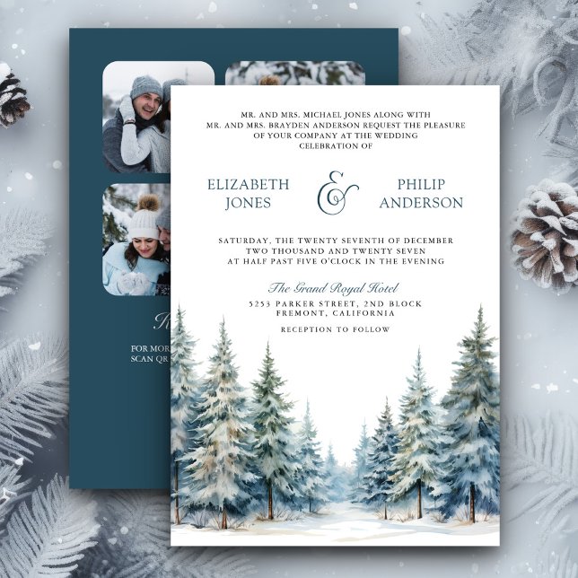 Invitation Code QR de la photo de la forêt de pins enneigés e (Créateur téléchargé)