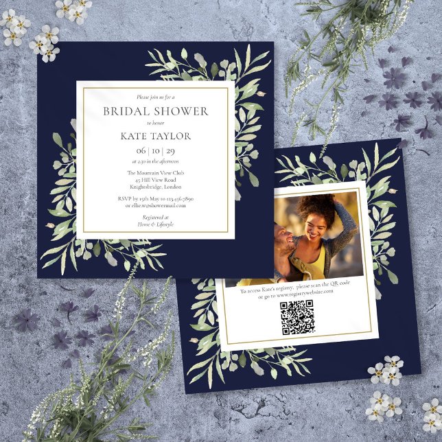 Invitation Code QR de la photo de verdure bleu marine pour la (Navy Blue Greenery Photo QR Code Bridal Shower Invitation)