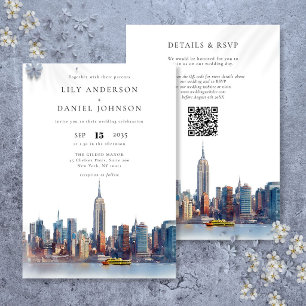 Invitation Code QR de la skyline de New York à l'aquarelle po