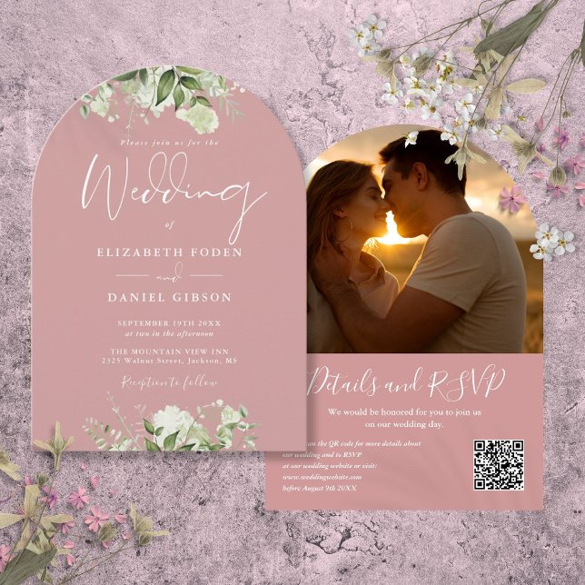 Invitation Code QR de l'arche de fleurs Rose Poussiéreuse pou (Dusty Rose Greenery QR Code Photo Arch Wedding Invitation)