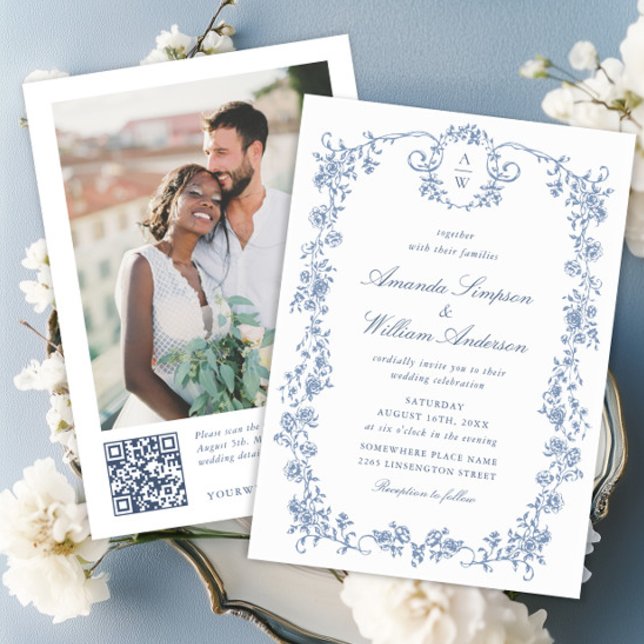 Invitation Code QR de l'Orné victorien Grace Blue Floral Mari (Créateur téléchargé)