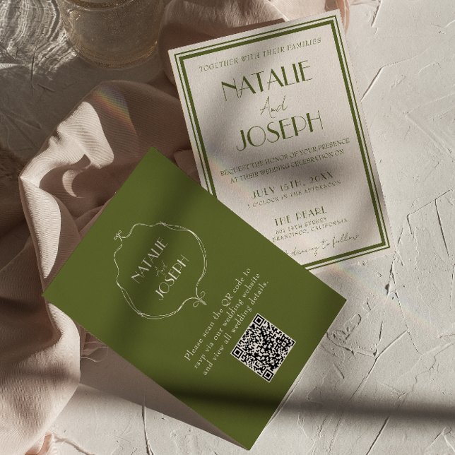 Invitation Code QR de luxe vert olive argent ancien mariage é (Créateur téléchargé)