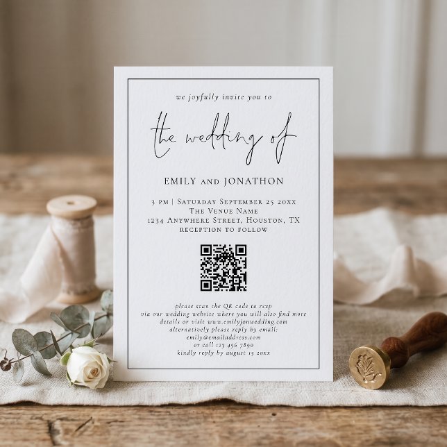 Invitation Code QR de mariage à bordure linéaire et écriture  (Créateur téléchargé)