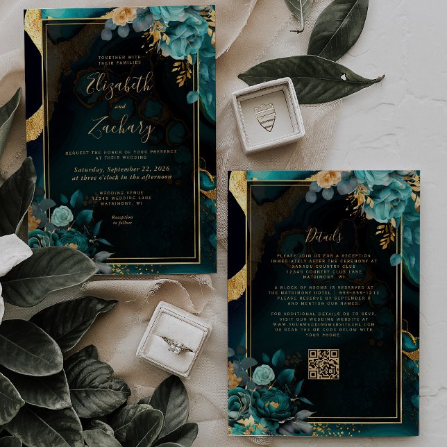 Invitation Code QR de mariage à cadre doré en agate sarcelle  (Créateur téléchargé)