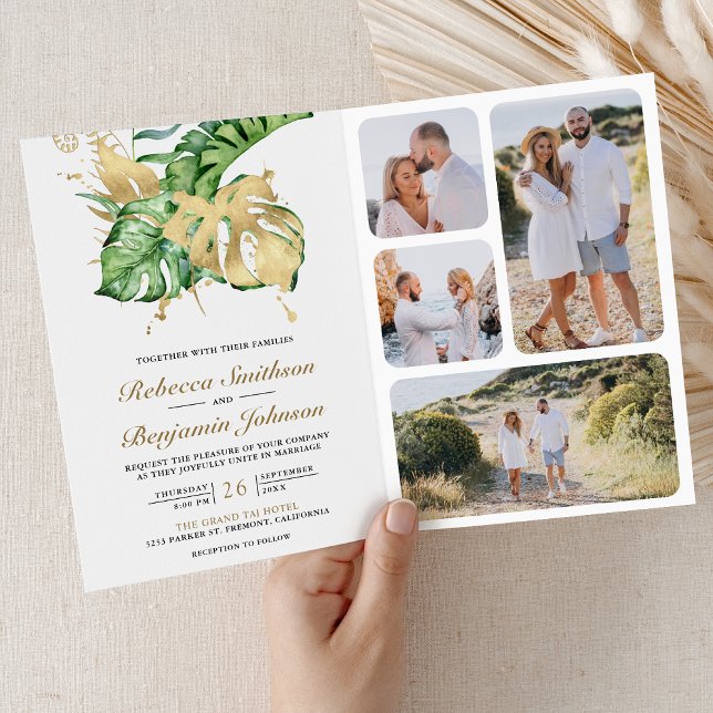 Invitation Code QR de mariage à feuilles de Monstère doré et  (Créateur téléchargé)