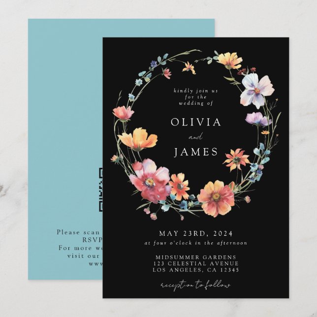 Invitation Code QR de mariage à la Fleur sauvage noire (Devant / Derrière)
