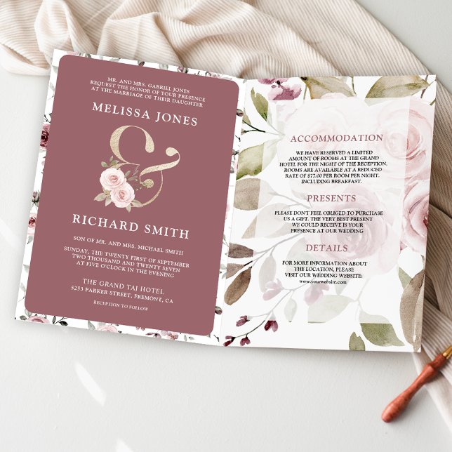 Invitation Code QR de mariage à l'ampersand floral rose pouss (Créateur téléchargé)