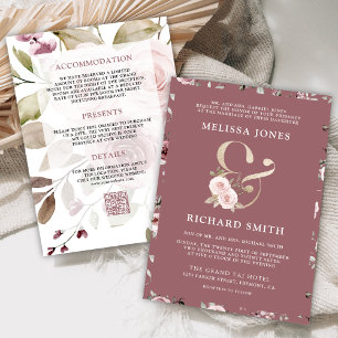Invitation Code QR de mariage à l'ampersand floral rose pouss