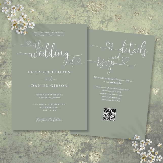 Invitation Code QR de mariage à l'écriture cursive vert sauge (Sage Green Heart Script QR Code Wedding Invitation)