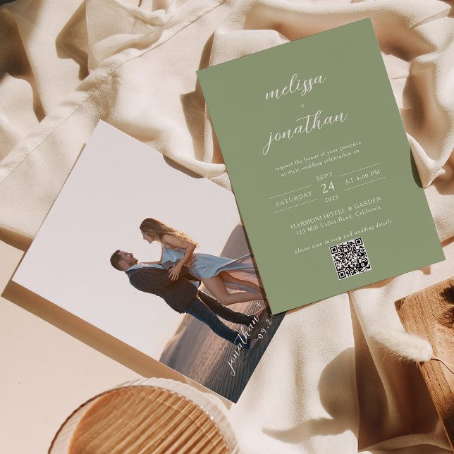 Invitation Code QR de mariage à l'écriture photo vert sauge c (Créateur téléchargé)