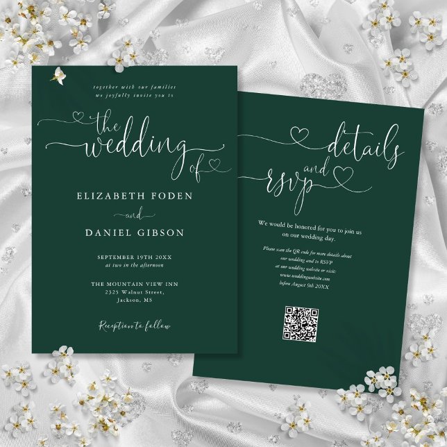 Invitation Code QR de mariage à l'encre verte émeraude (Emerald Green Heart Script QR Code Wedding Invitation)