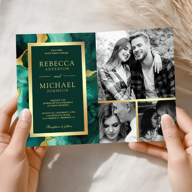 Invitation Code QR de mariage à l'encre verte émeraude dorée  (Créateur téléchargé)